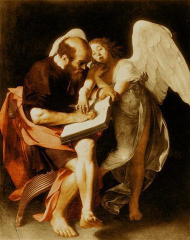 Matthew, dressed in red and yellow, holds a pen to a book whilst assisted by an angel