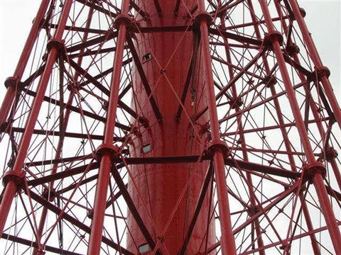 Supporting framework of Pater Noster lighthouse Complex mesh of supporting struts in an intricate pattern around a central column.