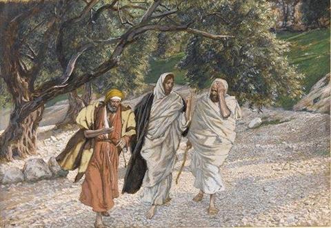 On the Emmaus road Two disciples flanking Jesus and walking on a rough road beside an olive grove